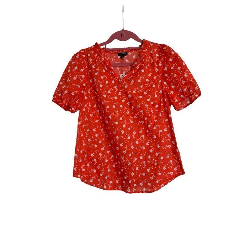 Talbots Top Womens Petite Orange Wallflower Short Sleeves Ruffle Button NWT